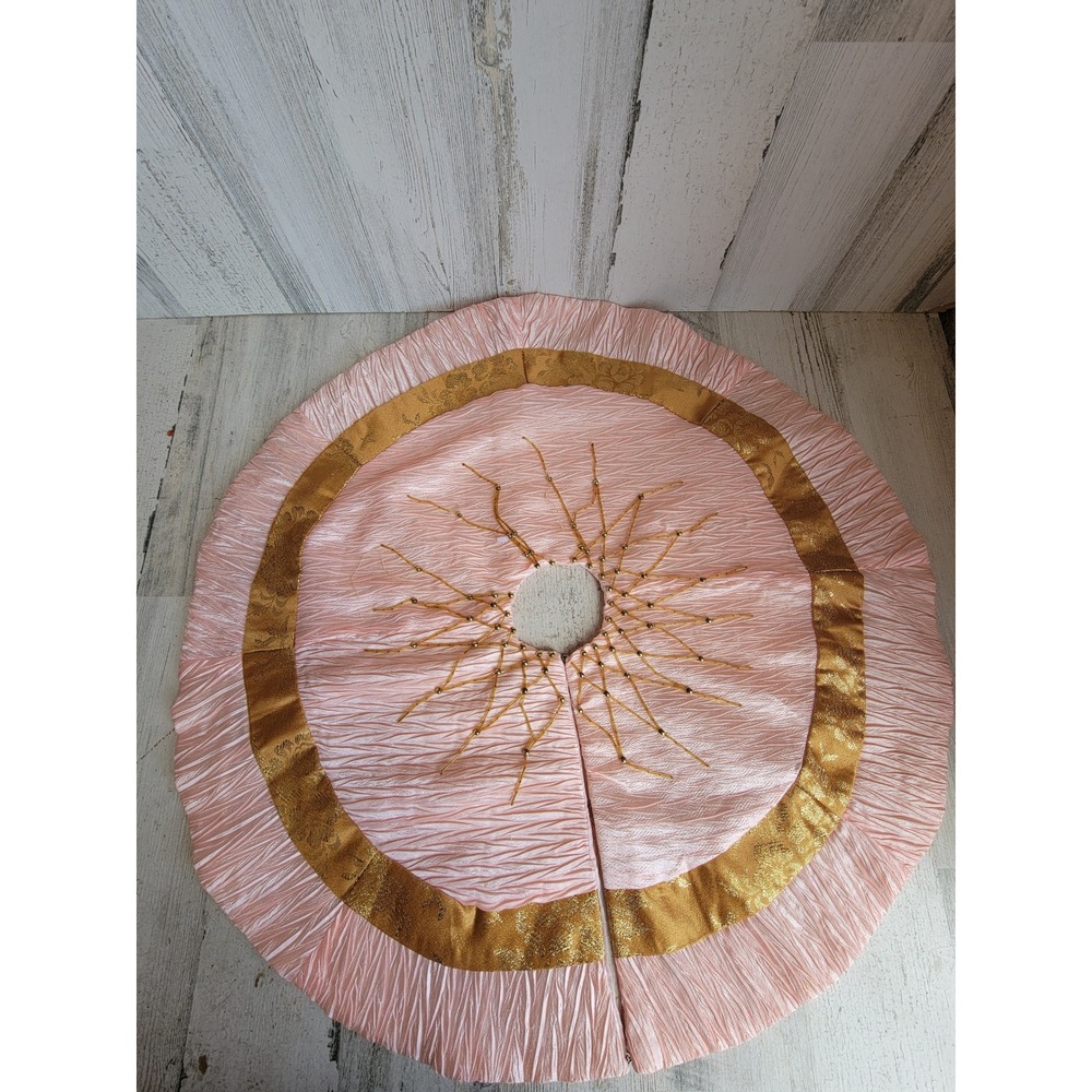 Vintage pink mini tree skirt beaded unique Xmas home decor gold trim